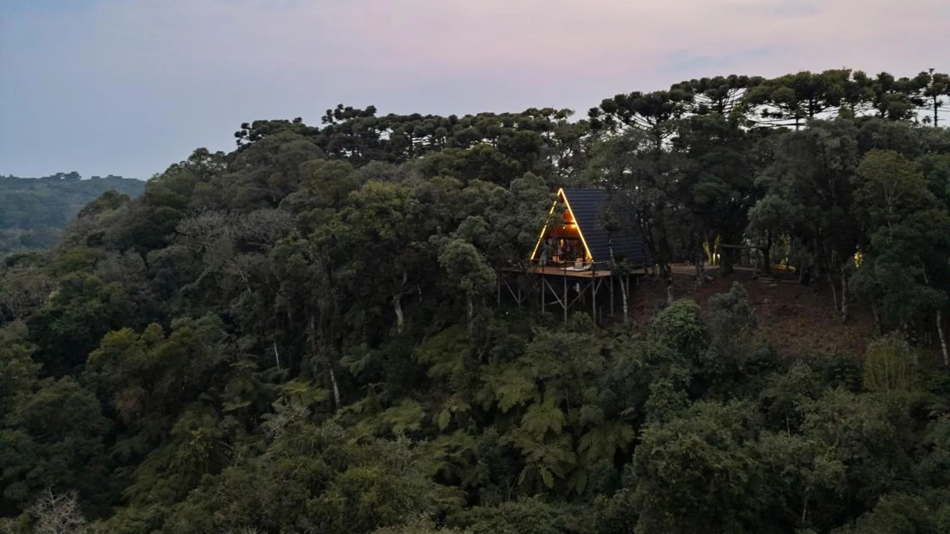 A Cabana Araucária acesa no meio da mata de araucárias, com o céu do fim de tarde